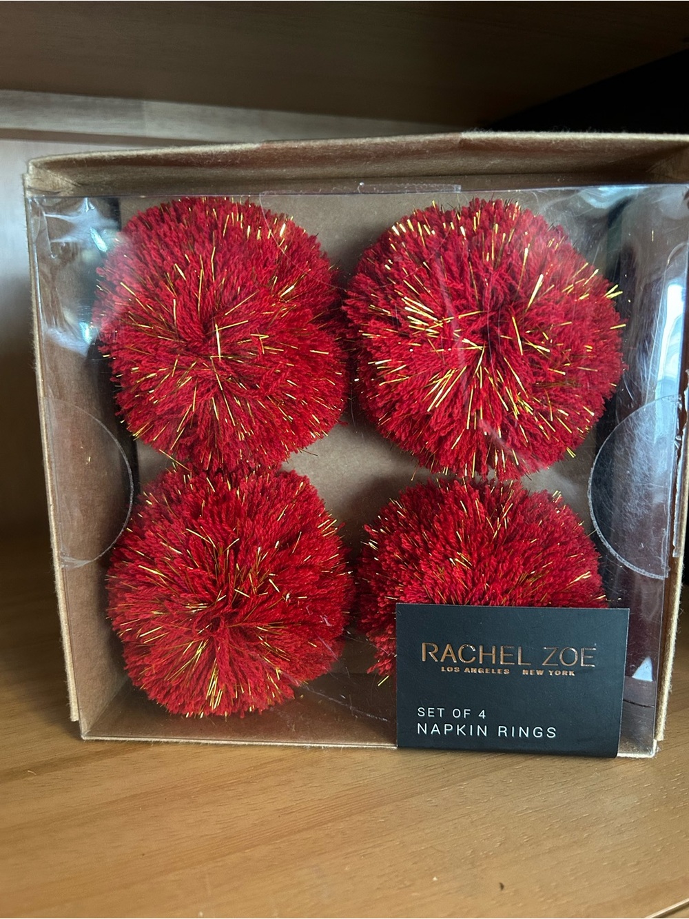 Rachel Zoe Red and Gold Pom-Pom Napkin Rings, Set of 4